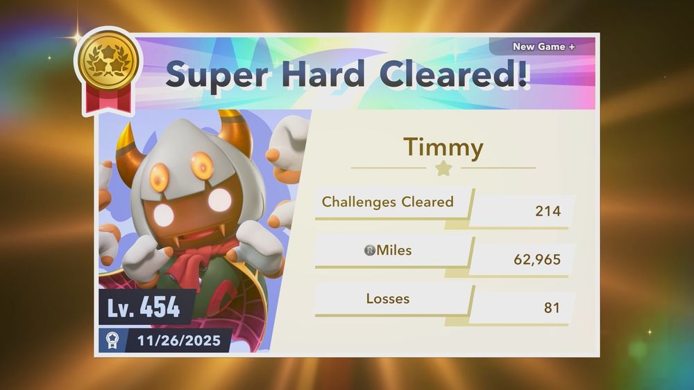 Kirby Air Riders screenshot. “New Game+ Super Hard Cleared!” Level 454, with 214 challenges cleared, 62 thousand miles earned, and 81 losses. Playing as Taranza, a cute yet creepy anthropomorphic spider with floating hands.