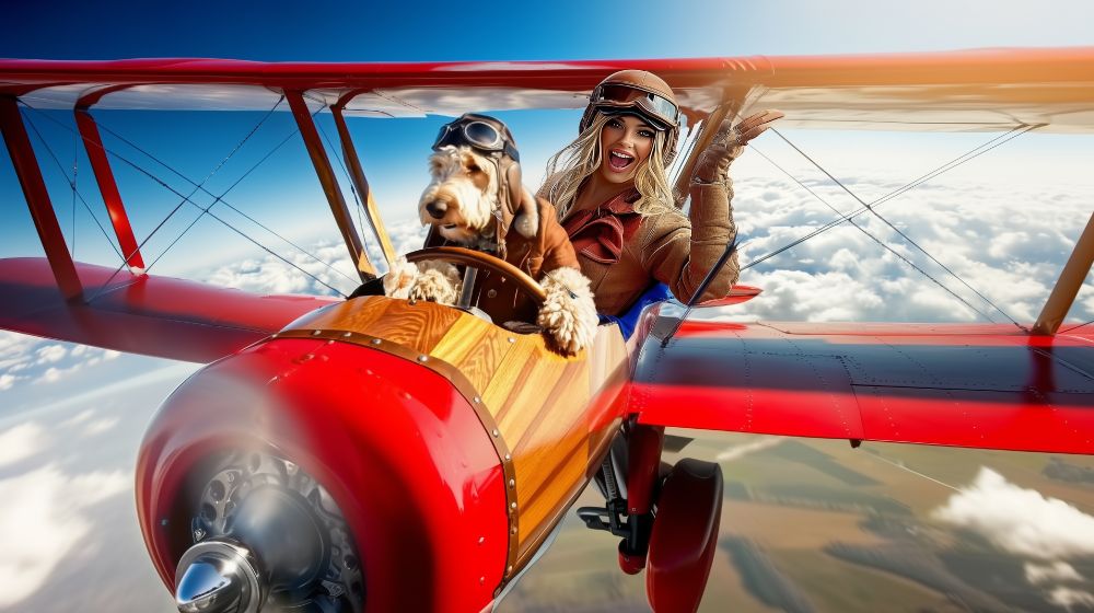 Cosmo the shaggy dog is a cute white and toffee colored golden doodle wearing airman's jacket helmet and goggles sitting behind the wheel on an old red biplane with an attractive blonde in the rear cockpit