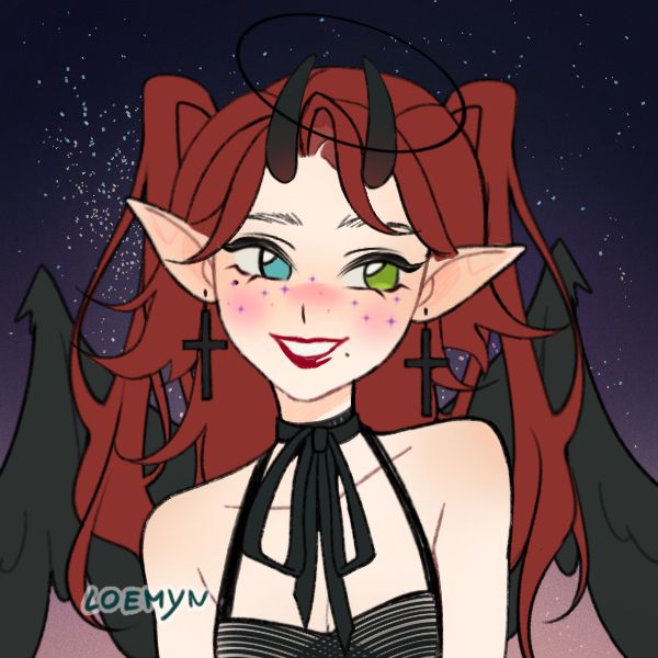 demonic elf girl with red hair in twin pigtails, a bustier, bow around her neck and cross earrings. she has horns, wings, one blue eye and green eye and purple sparkle freckles and moles 