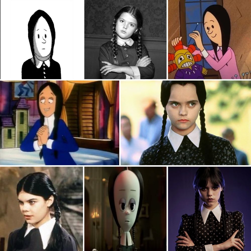 A graphic with eight images of Wednesday Addams:
-Original Charles Addams Cartoon
-Lisa Loring in the 1964 Addams Family
-Animated 1973 version
-Christina Ricci from the 1993 Addams Family Values
-Animated 1992 version
-Nicole Fugere from the New Addams Family (1998)
-Animated 2019/2021 version
-Jenna Ortega from the Wednesday TV series
