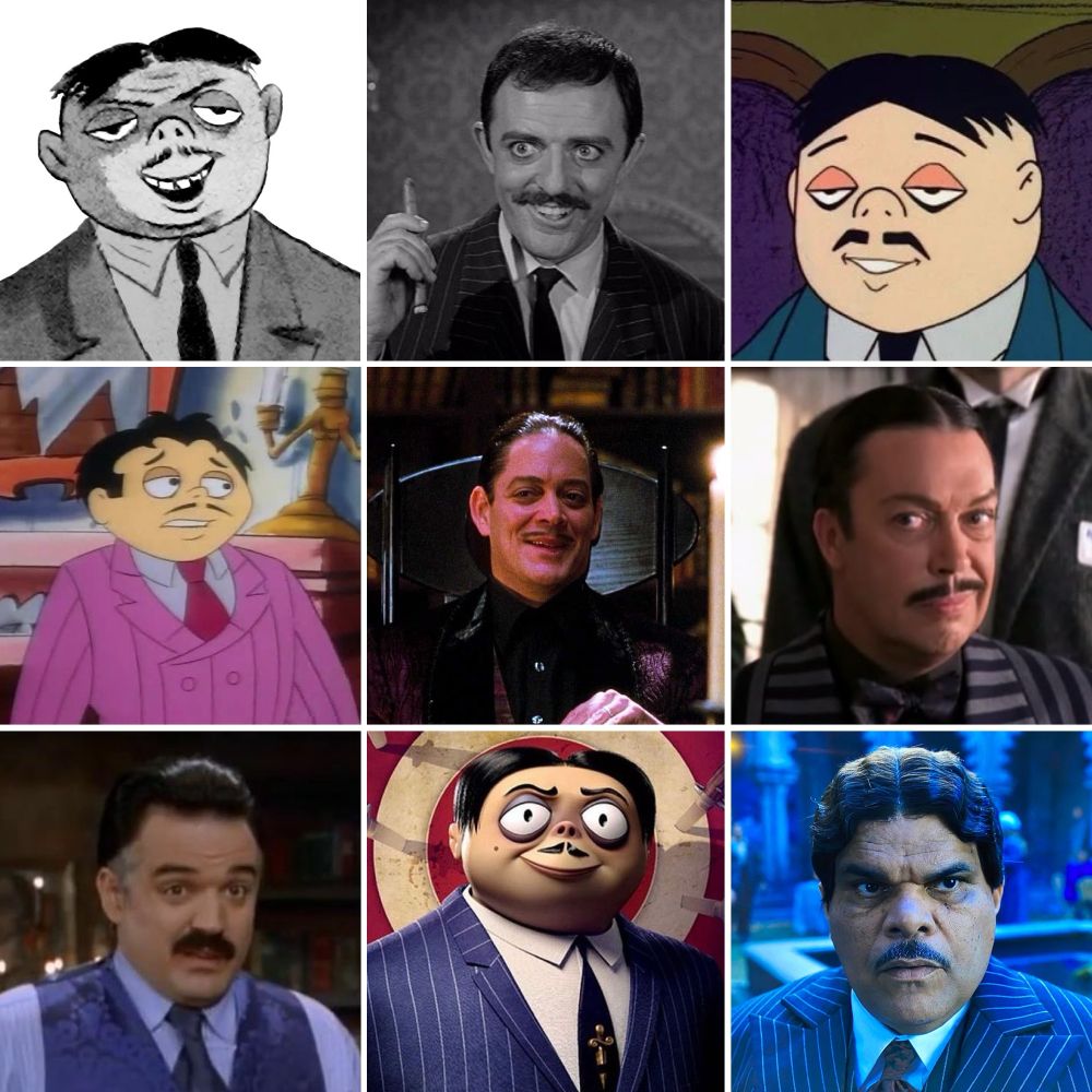 A graphic with nine images:

-Original Charles Addams Cartoon
-John Astin in 1964 The Addams Family series
-1973 animated version
-1992 animated version
-Raul Julia in 1991 film
-Tim Curry in Addams Family Reunion (1998)
-Glenn Taranto in The New Addams Family (1998)
-2019 animated version
-Luis Guzmán in Wednesday