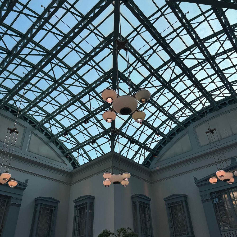 a photo of the ceiling of the winter garden at the 9th floor of harold washington library center. the ceiling is of a metal suspension structure for the chandelier and behind that is the thinner frame for the glass ceiling and its panes.