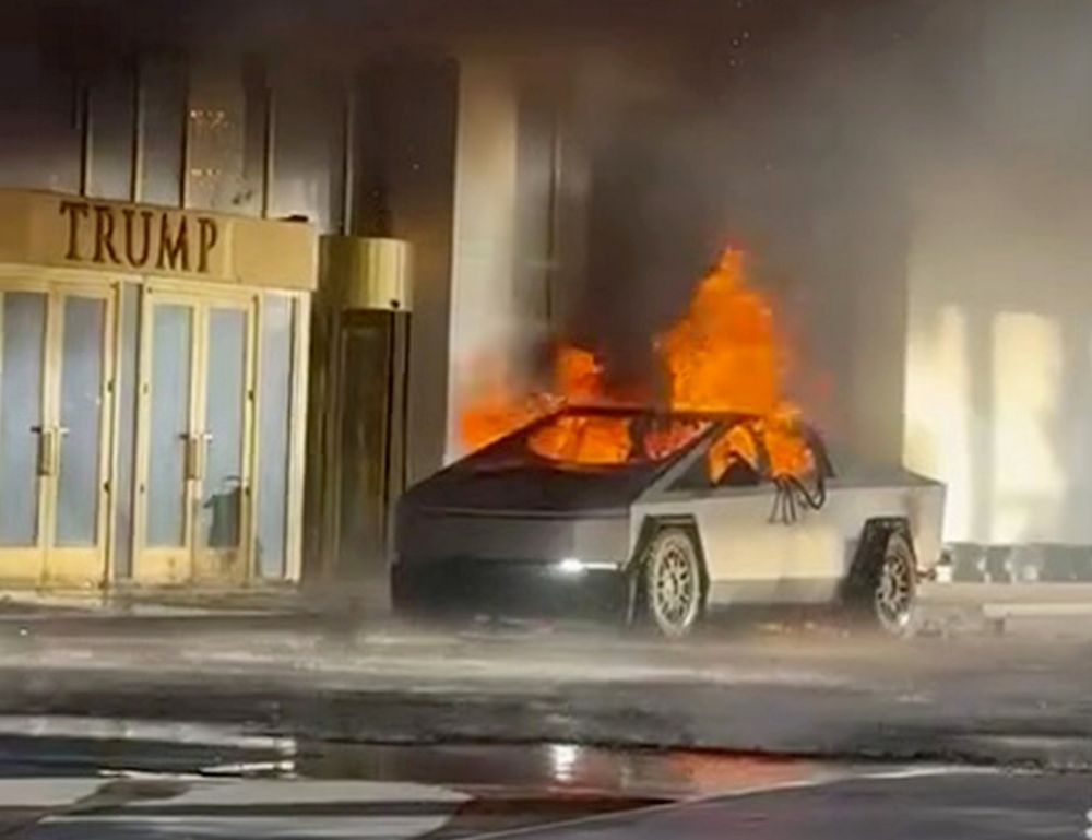 Burning cybertruck in front of Trump tower.