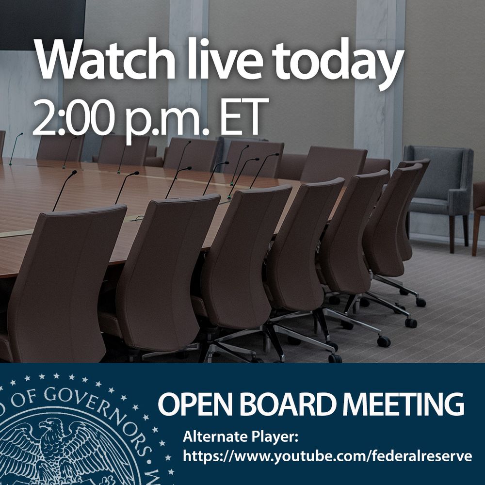 Photo of the Board meeting room. Copy: Watch live today 2:00 p.m. ET Open Board Meeting Alternate Player: https://www.youtube.com/@federalreserve 