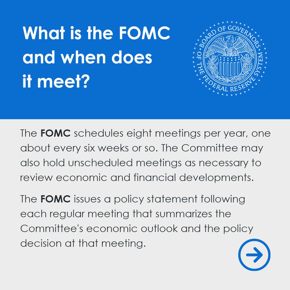  The FOMC schedules eight meetings per year, one about every six weeks or so. The committee may also hold unscheduled meetings as necessary to review economic and financial developments. The FOMC issues a policy statement following each regular meeting that summarizes the Committee's economic outlook and the policy decision at that meeting. 