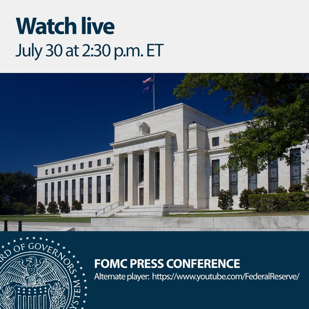 Watch live. July 30 at 2:30 p.m. ET. FOMC Press Conference. Alternate player: https://www.youtube.com/FederalReserve/