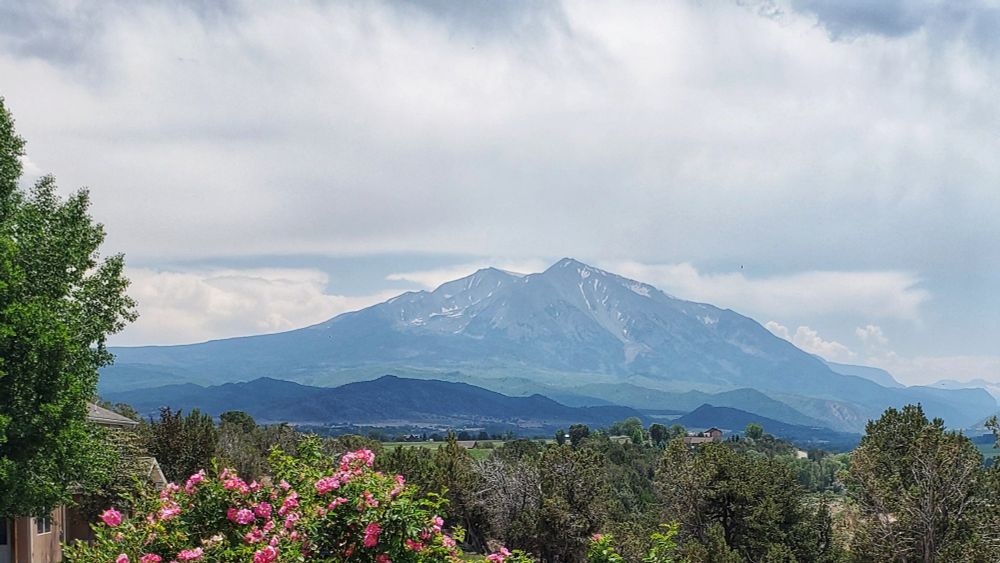 Mount Sopris in Colorado. I think I took this one in Carbondale, but I don't remember. There is a rose bush in the foreground. I climbed this one once when I was a kid. It was good to see her again. 