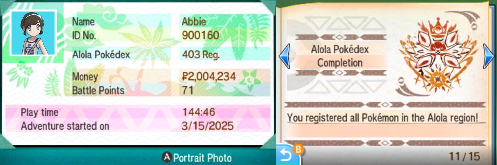 A screenshot of a 3DS game. On the left is a TrainerID and on the right is a stamp that says "You registered all Pokémon in the Alola region!"