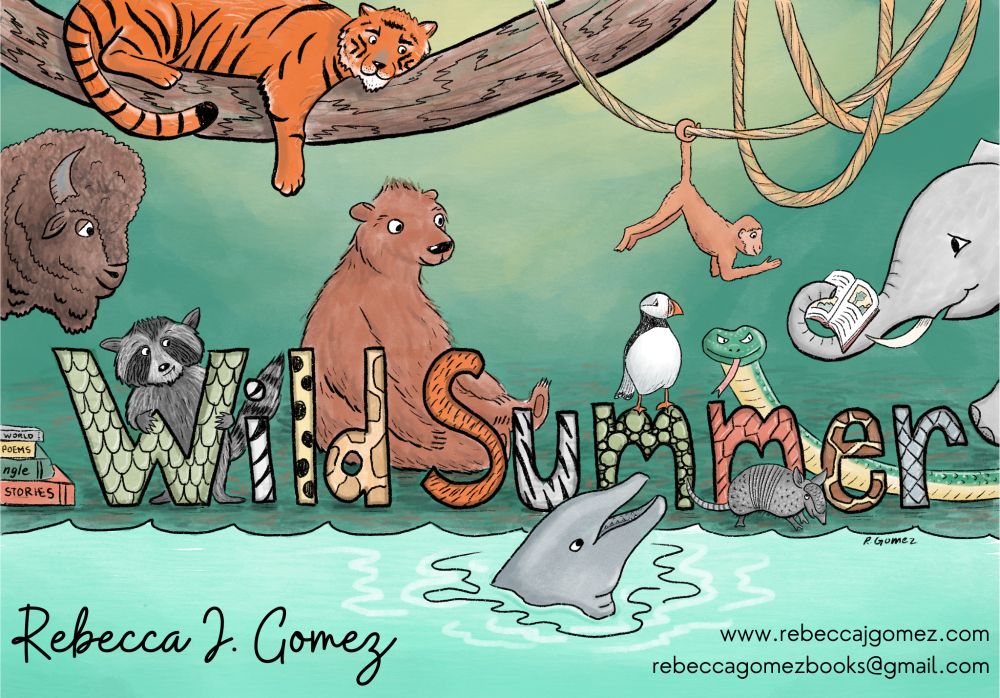 Digital painting shows a variety of animals gathered around the words "wild summer" while listening to an elephant read a story.