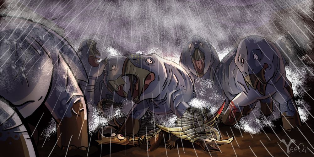 A group of tusked, hippolike animals stampede as a result of a flood in a rainstorm. They inadverdently threaten some low-slung, armadillo-like reptiles with large spikes as they do so.