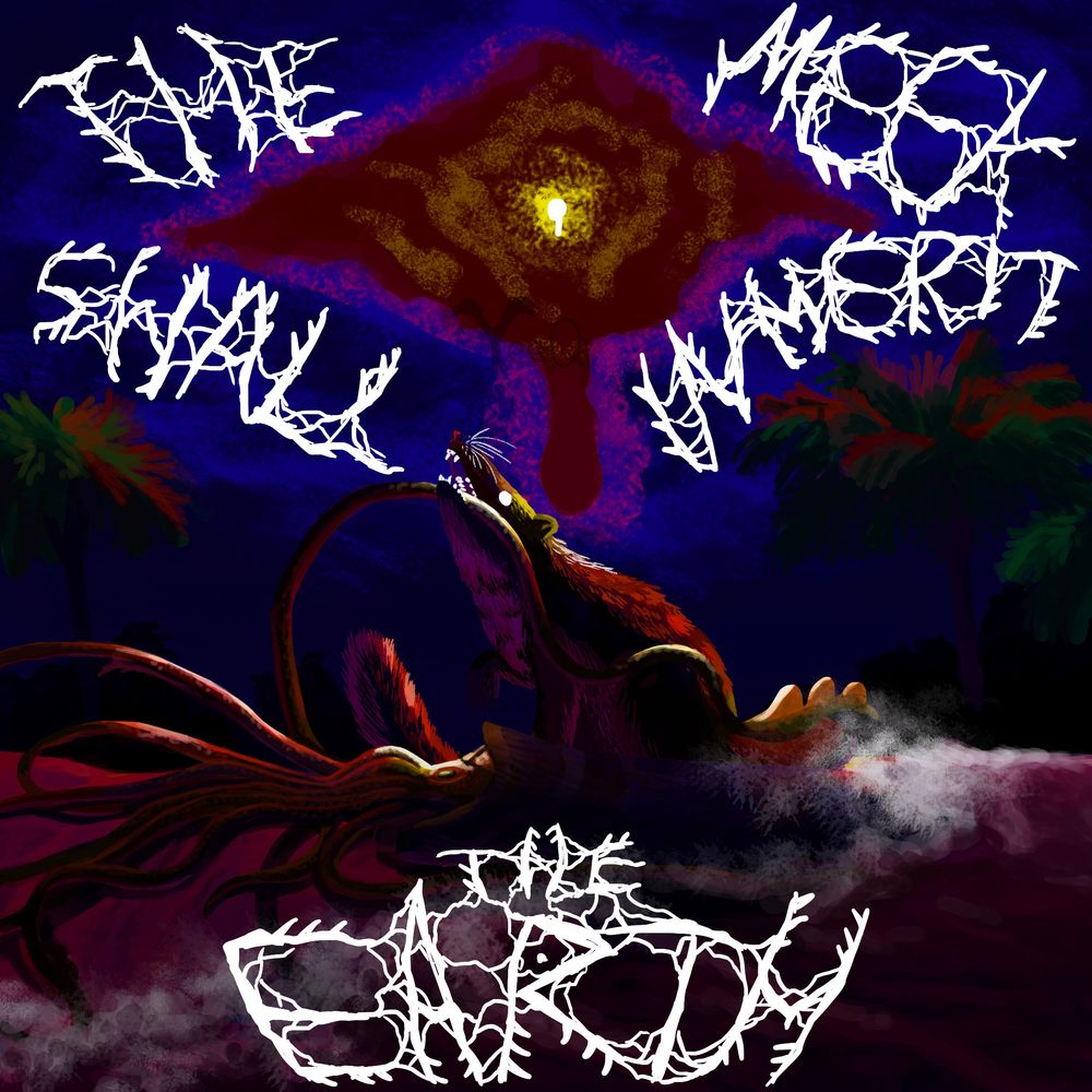 Text: "THE MEEK SHALL INHERIT THE EARTH"

Loxolophus, a raccoon-sized animal, begins to chow down on a beached Baculites, a shelled cephalopod.