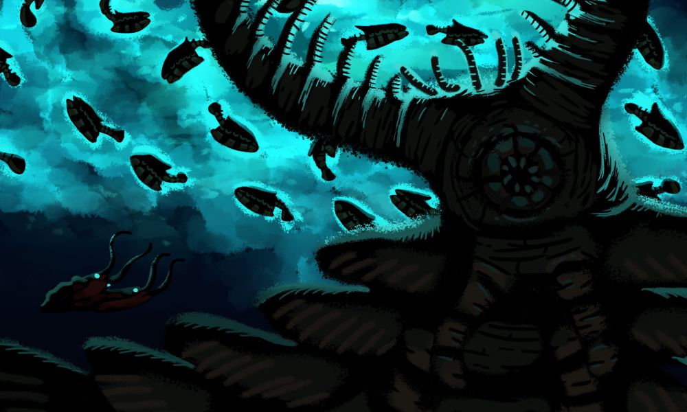 Shoal of eyeless, fish-shaped Vetulicola stir up glowing blue clouds of organisms in the water. Two-tentacled, squidlike Nectocaris linger in the background. An enormous, flap-sided, long-armed Omnidens lurks below.