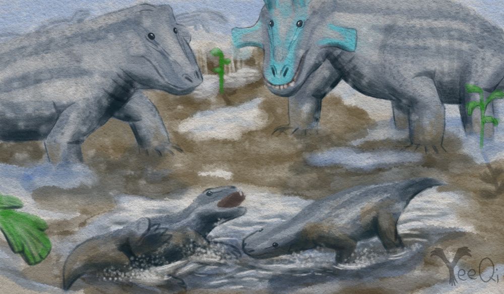 Two large, hippo or warthog-like reptilian creatures watch in the background as two juveniles play in a puddle of slush. Light snowfall and patches of snow in the background.