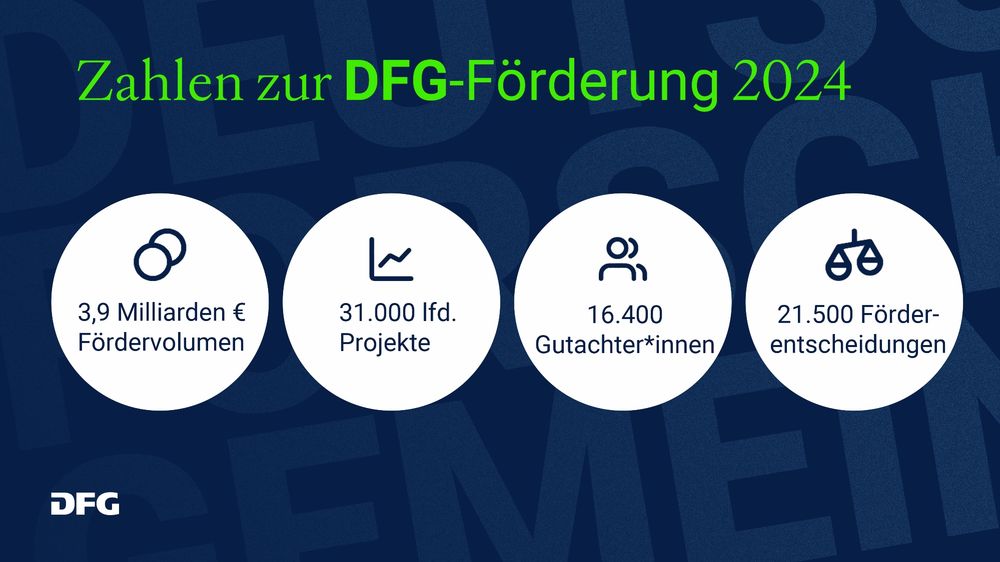Zahlen zur DFG-Förderung 2024
3,9 Milliarden € Fördervolumen
31.000 laufende Projekte
16.400 Gutachter*innen
21.500 Förderentscheidungen