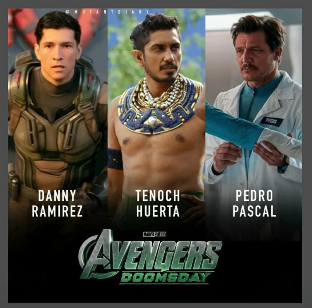 Danny Ramirez as Falcon, Tenoch Huerta as Namor and Pedro Pascal as Reed Richards starring in Avengers Doomsday