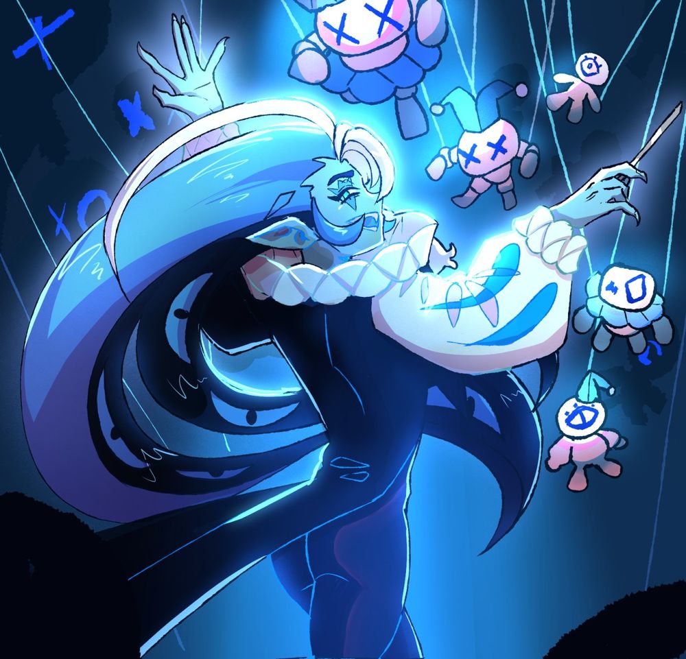 shadow milk cookie in motion as he conducts the puppets like they're an orchestra, there is a dramatic spotlight on him