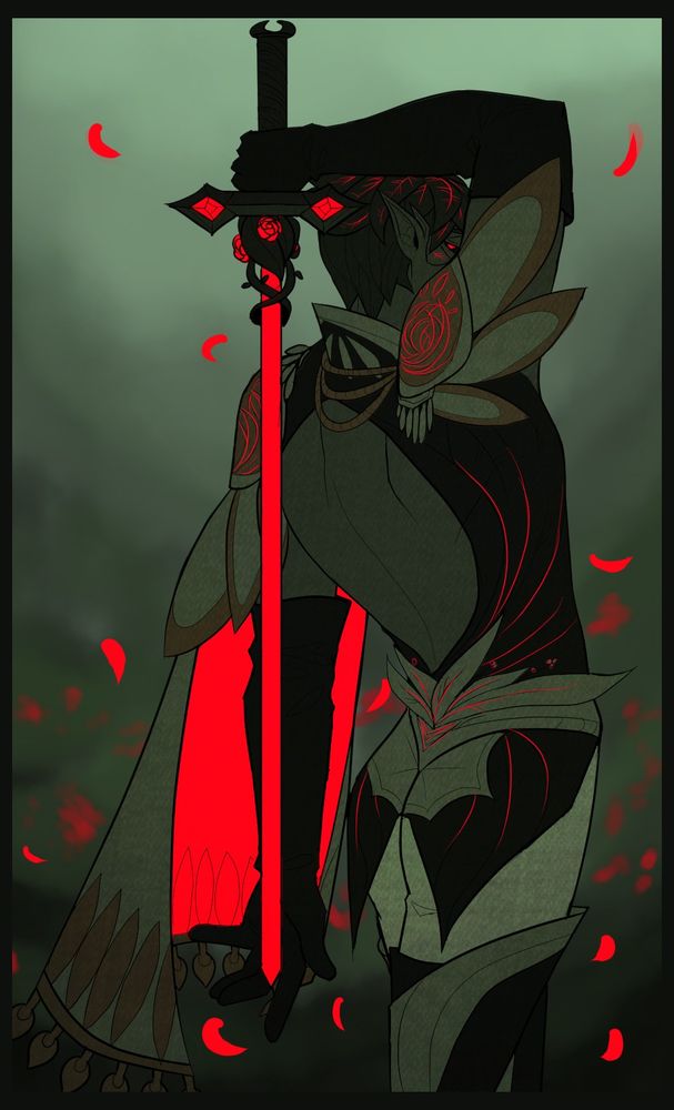 A man resembling a sylvari from gw2 in intricate ceremonial armour, his back facing the viewer. He is holding onto the handle of a sword behind his back, there are red contrasts that highlight the deadly weapon.