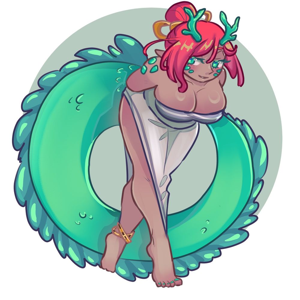 A dragon girl with a huge green tail, leaning forward in a dress. Her hair is a pinkish red, there are bright teal scales around her body and her head boasts a beautiful set of coral style horns.