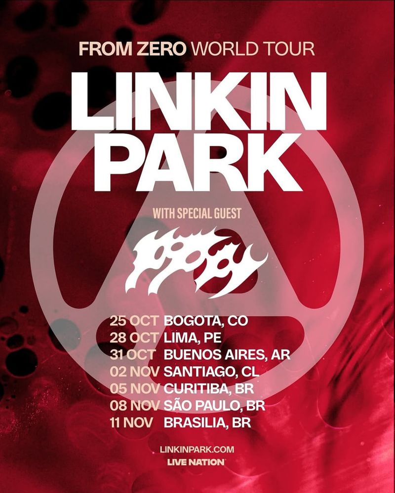 Imagem promocional divulgando as datas da turnê From Zero do Linkin Park, com participação de Poppy (ato de abertura) na América Latina.