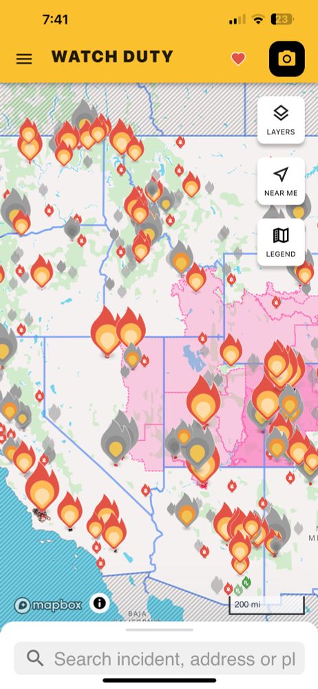 Screenshot of the Watchduty app showing locations and info of wildfires
