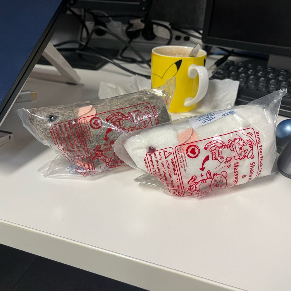 Two rat plushies, one gray and the other one white, wrapped in tight soft plastic bags, on a desk.