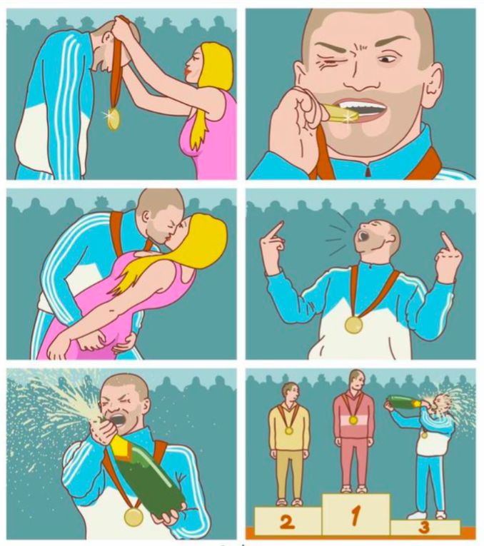 On February 7th, 2020, 3palec, the Russian artist who drew this illustration, uploaded the original version to his Facebook account, receiving over 41,000 shares, 5,500 likes and 317 comments. The original, titled "Never give up!" (shown below), features a man winning the bronze medal and then celebrating excessively by biting his medal, kissing the woman doling out awards, popping a large champagne bottle and then chugging it while standing on the podium next to the first and second- place winners.