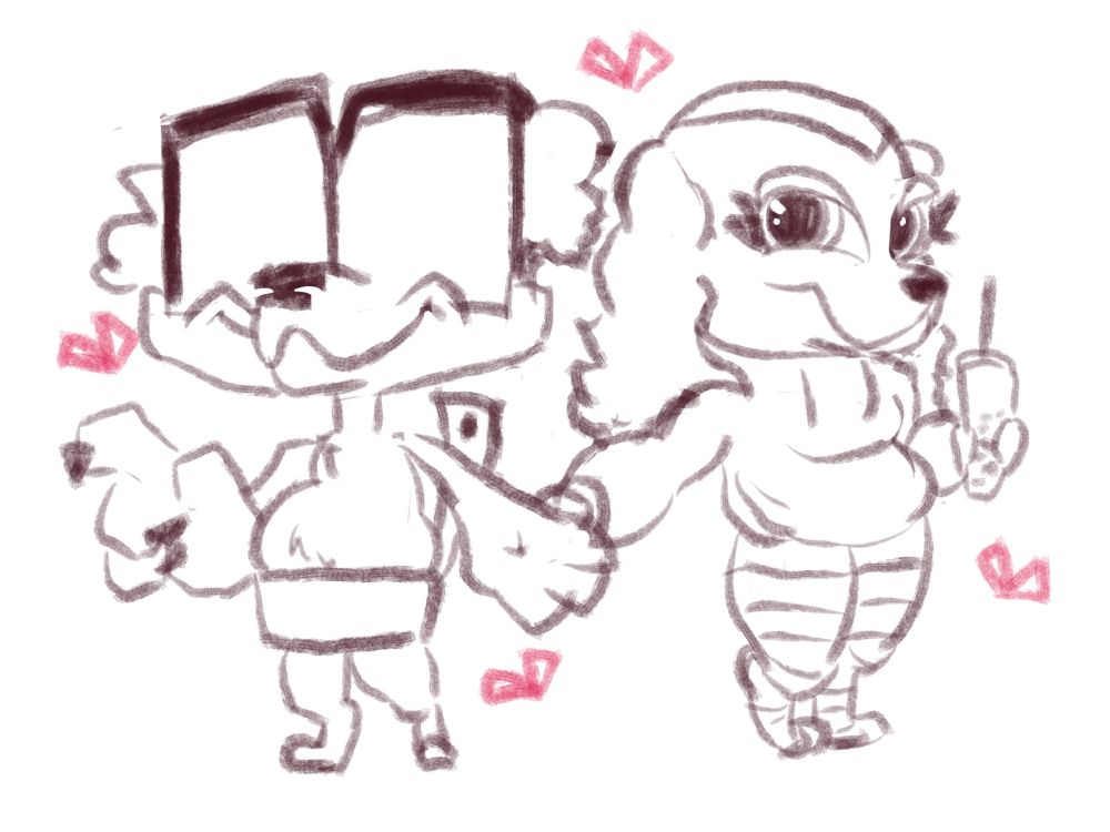 Dog with glasses holding hands with dog in thigh highs