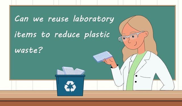 Cartoon of a female scientist wearing a lab coat and safety goggles. She is holding a PCR plate and stands in front of a bin filled with more plastic waste. The bin has a recycling logo in it. Behind the woman is written "Can we reuse laboratory items to reduce plastic waste?"