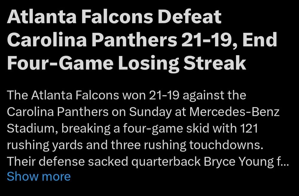 Twitter AI claiming that the Falcons beat the Panthers 21-19. The final score was 30-27, Panthers.