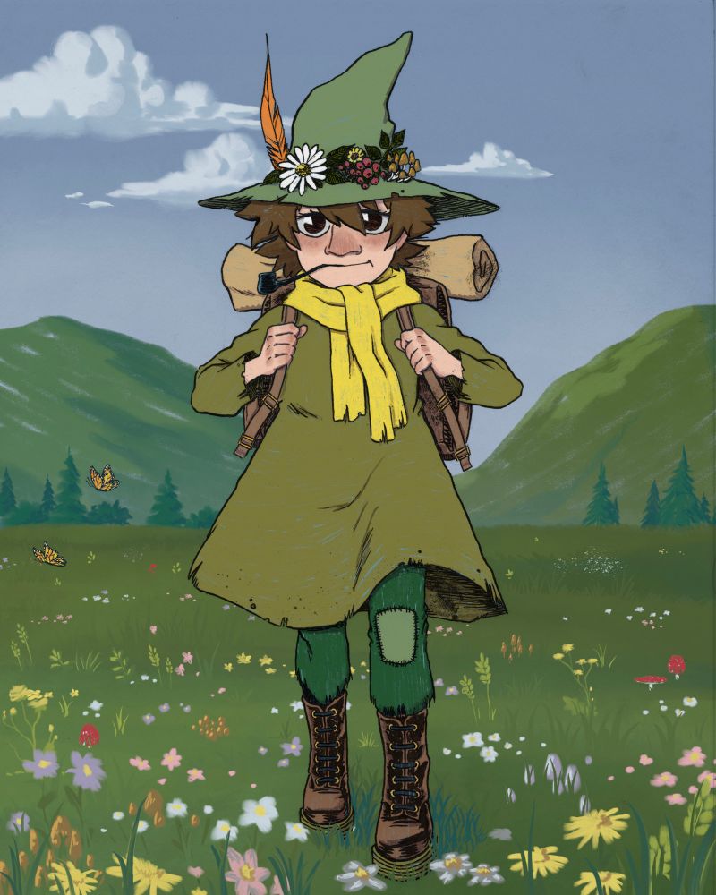 A drawing of Snufkin from the Moomins walking through a field of wildflowers 