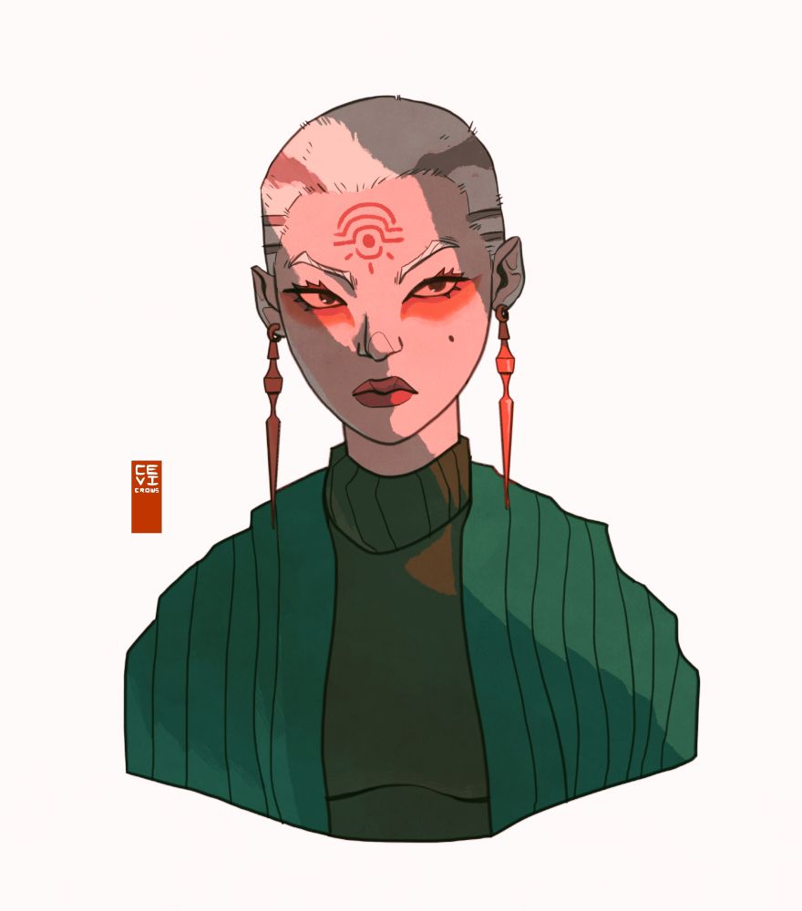 portrait illustration of a witch with orange eyes