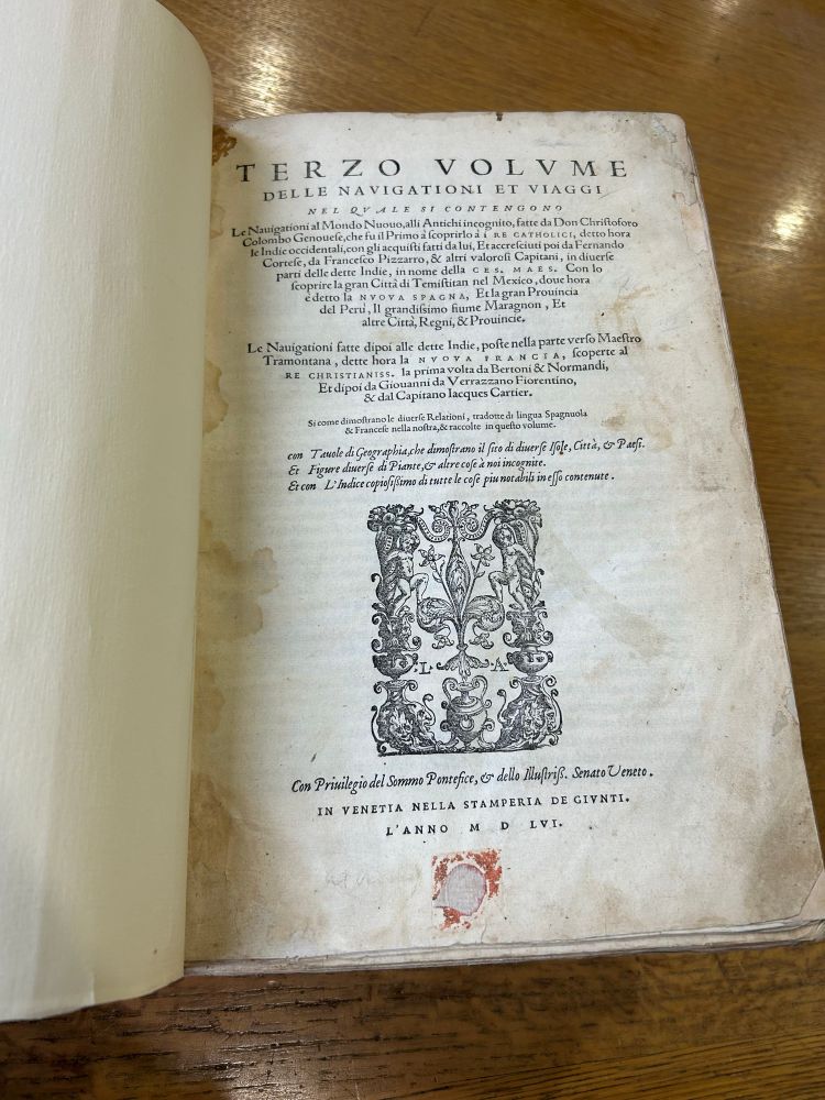 The cover page of Giovanni Battista Ramusio’s “I Navigationi et Viaggi,” volume 3, published in 1556.