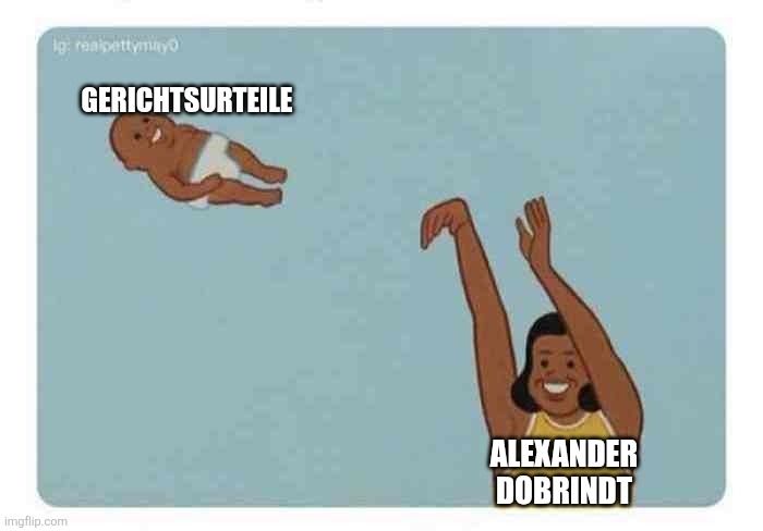 Cartoon. Zu sehen ist eine Person die lachend ein Baby wirft und dabei die Wurfpose hält wie ein Basketballspieler. Captions:

Person: Alexander Dobrindt 
Baby: Gerichtsurteile