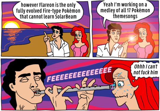 Ariel comic with the prince talking about Pokemon facts and playing Pokemon music on a flute, Ariel thinking "Ohhh, I can't not fuck him."