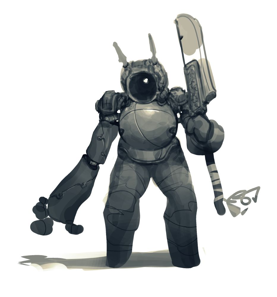 a painting of a robotic character holding a glaive
