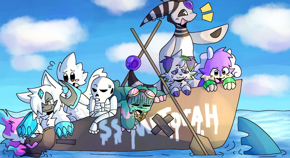 From left to right: Krystal the Darkrai, Lilac the Absol, Kyara the Togetic, Tehrik the totally out of place human skeleton, Scribbled_Entity the Bulbasaur, myself the Orre regional Ampharos, Tamar the Espurr, and Melontyph the Typhlosion.