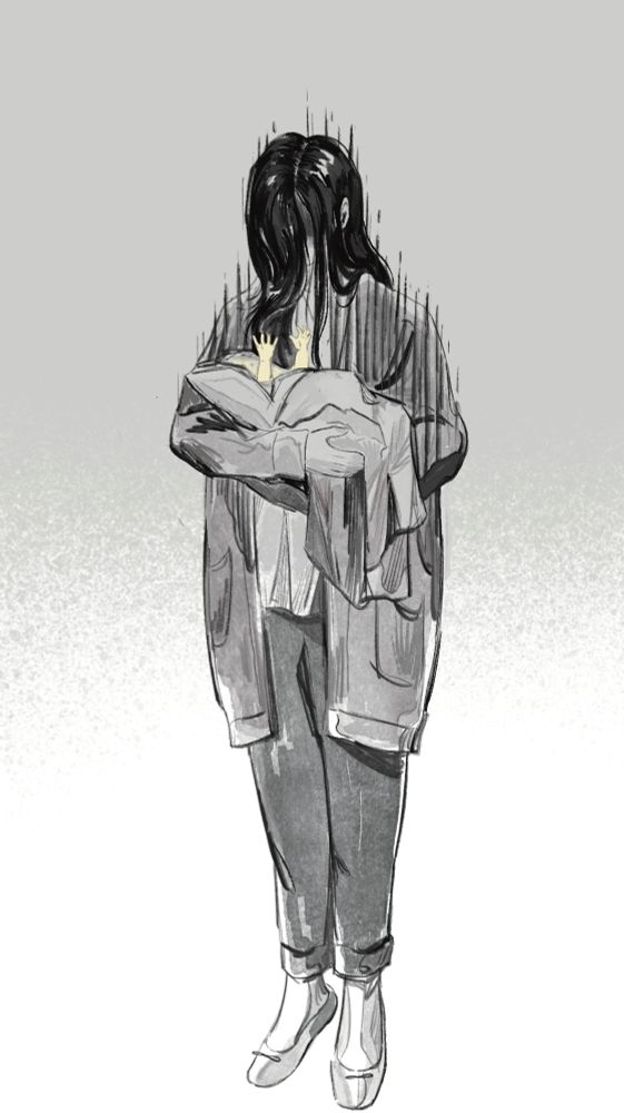 A drawing of Mia Winters from Resident Evil Village holding Rosemary Winters(as a baby). Her face is obscured by her hair as Rose reaches up to her. 