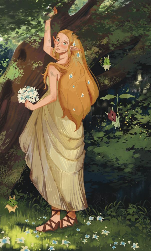 A digital painting of Princess Zelda from Breath of the Wild. Based off of the painting ‘Ophelia (And He Will Not Come Back Again)’ by Arthur Hughes