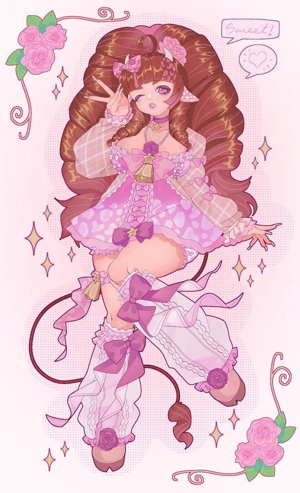 The image features an anime-style character with long, voluminous brown hair adorned with pink bows and small horns. She is dressed in a pastel pink outfit with heart patterns, a large bow, frilly sleeves, and lace detailing. The character makes a playful gesture with her right hand near her eye, and her left hand is extended outward. She wears thigh-high white stockings with purple bows and shoes with floral accents. A thin, curly tail is visible. The background is a pale pink with stylized roses and decorative sparkles around the character. A speech bubble next to her reads "Sweet!" with a heart symbol.