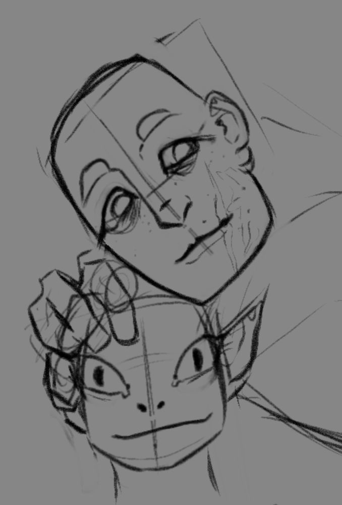 A sketch of two demihumans together. A tall one and short one. The tall one has their hand on the short one's head. They are both smiling. The short one's eyes look in two different directions