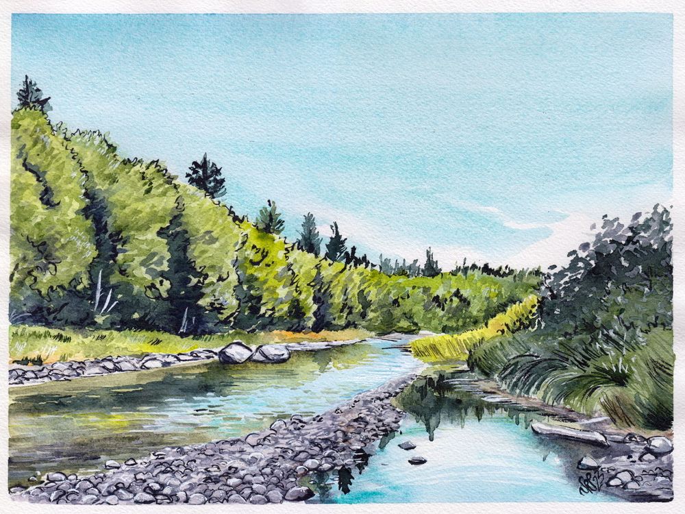 A watercolor painting of the Bogachiel River running through a forest.