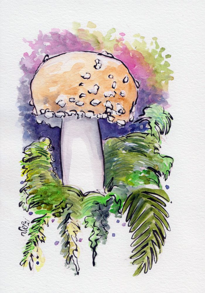 A watercolor-and-ink painting of a yellow amanita muscaria surrounded by greenery, with a pink, purple, and green background