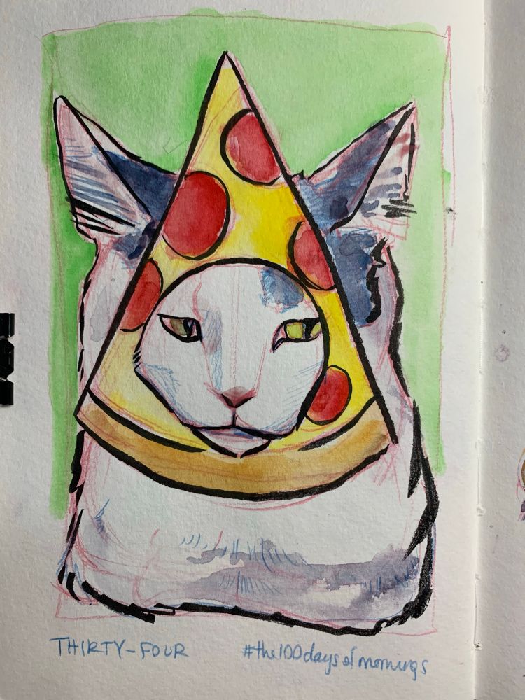 A sketch of a cat wearing a slice of pizza on her head
