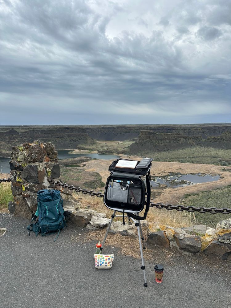 My watercolor plein air set up with a view of Dry Falls in the background