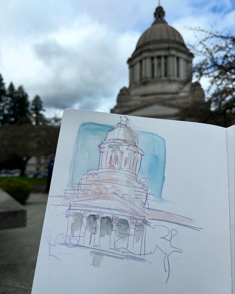 A very loose watercolor and colored pencil sketch of the Washington state capitol building