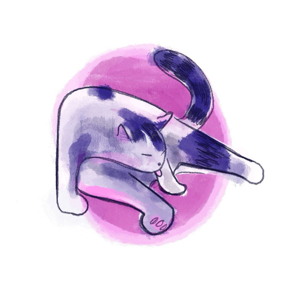 A pink and blue digital sketch of a cat. Her tongue is out and she is sitting in a goofy position.