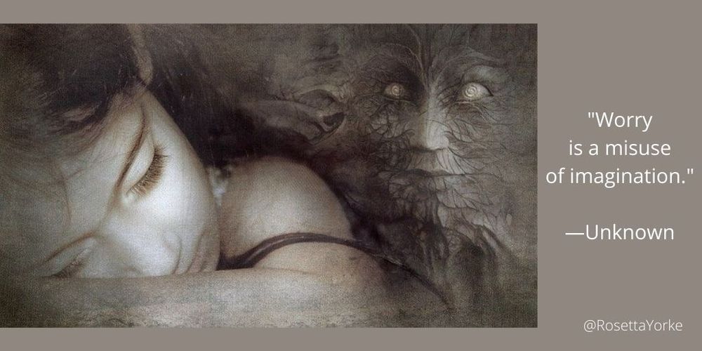 Head & shoulder of a woman who's fallen asleep resting on her arm, with a blank-eyed fantasy monster close by, watching her.