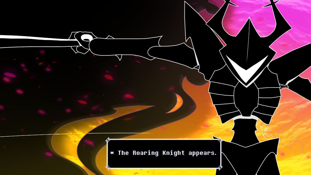 2D digital illustration of the Roaring Knight from Deltarune, brandishing their sword to their side in front of a pink and yellow Dark Fountain.
A small message box from the game is at the bottom of the image.
"The Roaring Knight appears."