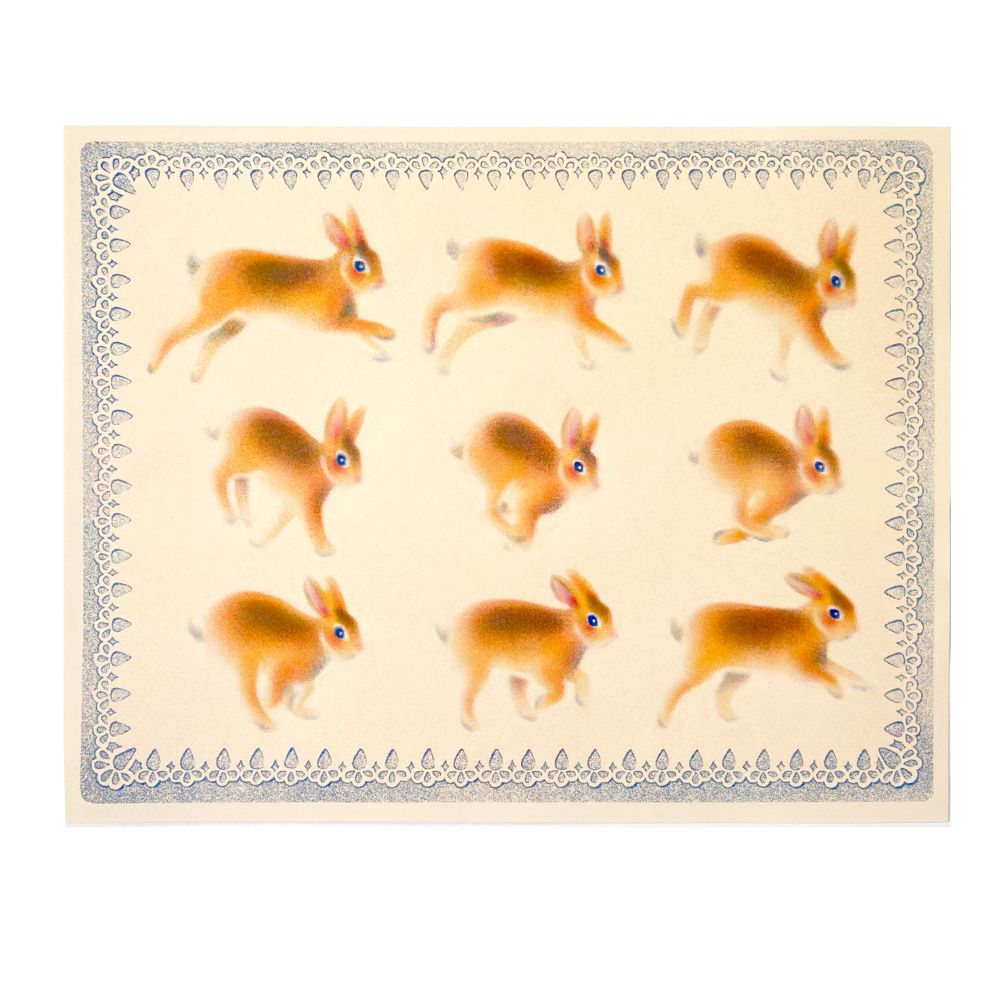 A horizontal letter size 3 color riso and inkjet print on cream paper. There are 9 frames of a brown bunny running in a 3x3 grid and the border is a carrot themed doily pattern in blue. 