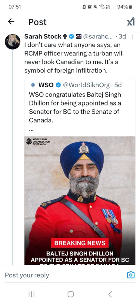 Sarah Stock dismissing Sikh police officer as example of "foreign infiltration"